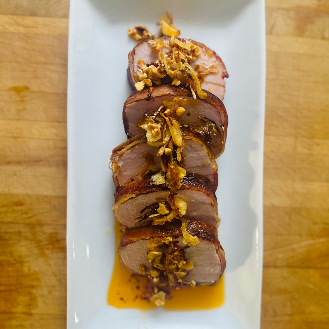 Bacon-Wrapped Pork Tenderloin with Southern Chili Crisp