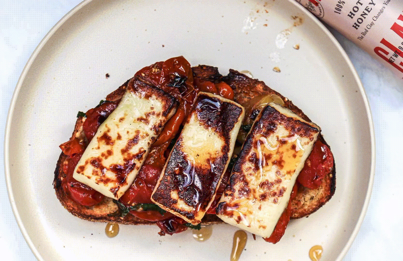 Halloumi Toast with Roasted Tomatoes and Hot-Hot Honey