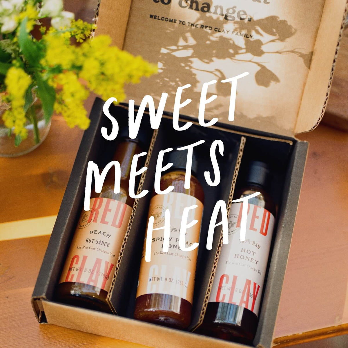 Red Clay 3-pack box: Peach Hot Sauce, Hot Honey, Spicy Peach Honey
